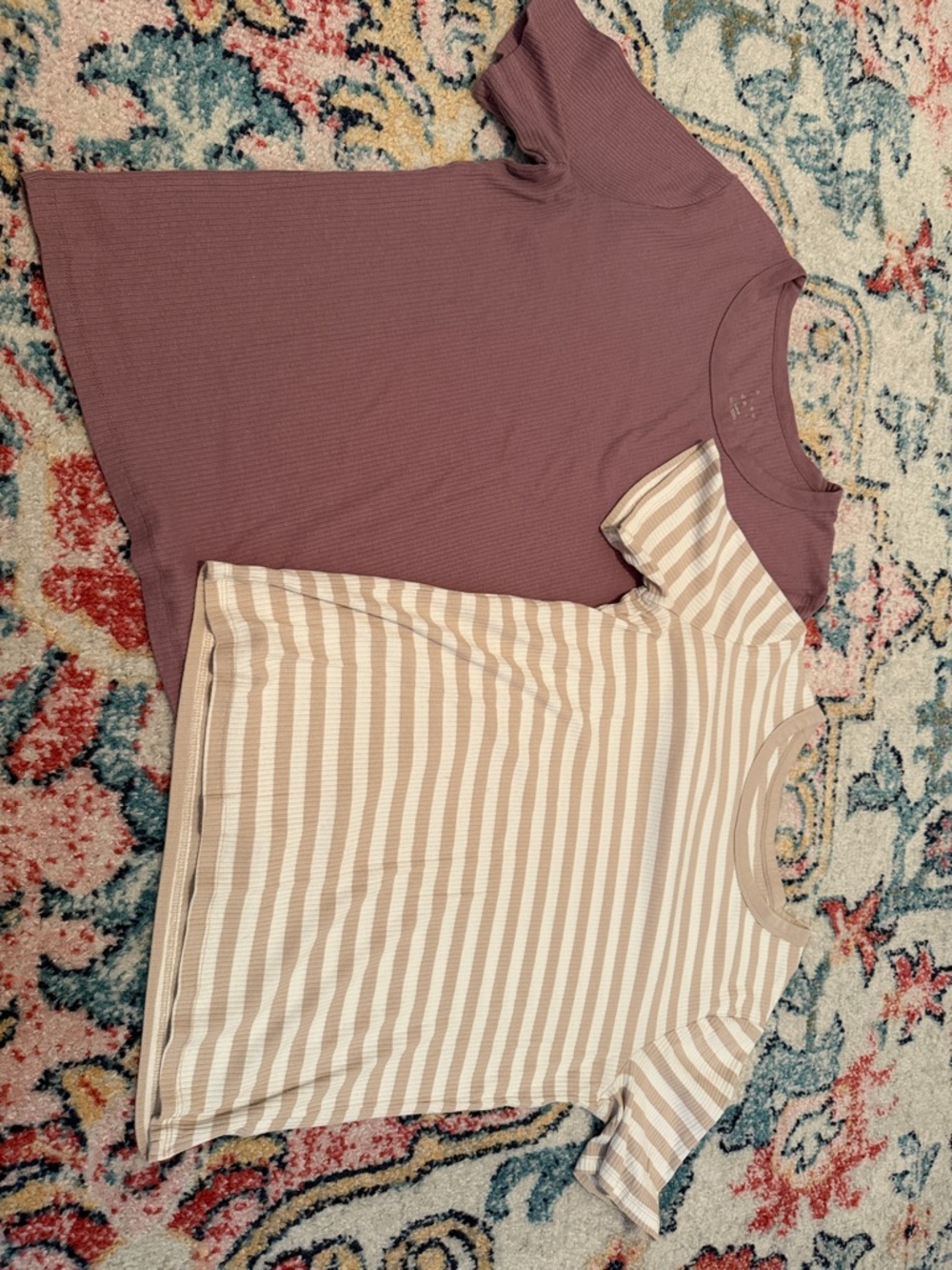 a new day Short-Sleeve Ribbed Tee Set in Mauve and Beige Stripe